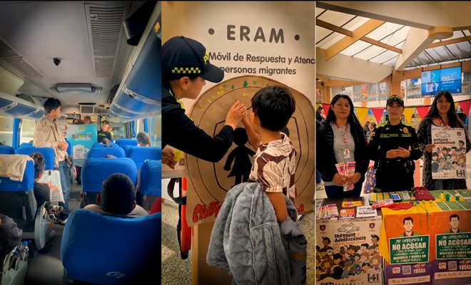 collage de tres fotograf&iacute;as que muestran a uniformados de la polic&iacute;a metropolitana realizando actividades de prevenci&oacute;n y sensibilizaci&oacute;n en la terminal de transportes de pasto 
