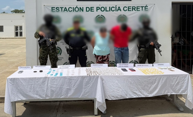 dos funcionarios policiales, uno del ejercito nacional con dos personas capturadas por el delito de tr&aacute;fico, fabricaci&oacute;n o porte de sustancias estupefacientes