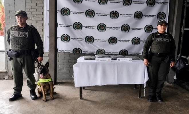 Dos polic&iacute;as y un perro con droga incautada sobre una mesa