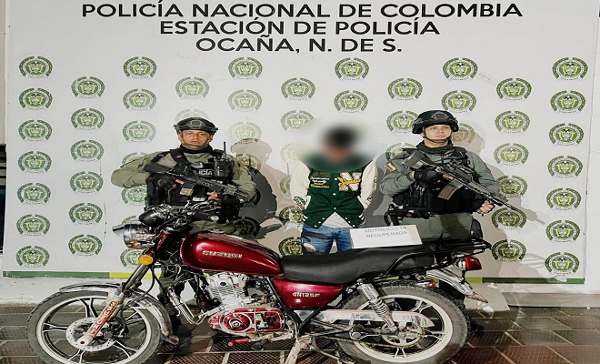 Grupo de Operaciones Especiales (GOES), en la vía principal del corregimiento de La Ermita (Ocaña), capturó a un ciudadano de 18 años que se movilizaba en una motocicleta la cual también presentaba reporte por hurto.
