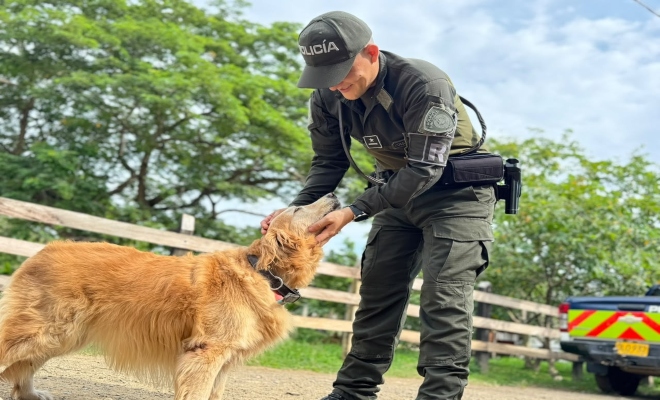 Un policía acariciando un perro