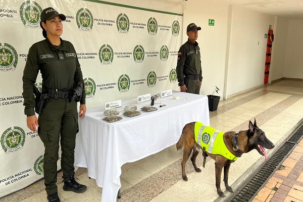 Dos Policías, canino Odhil, mesa con estupefacientes y arma de fuego