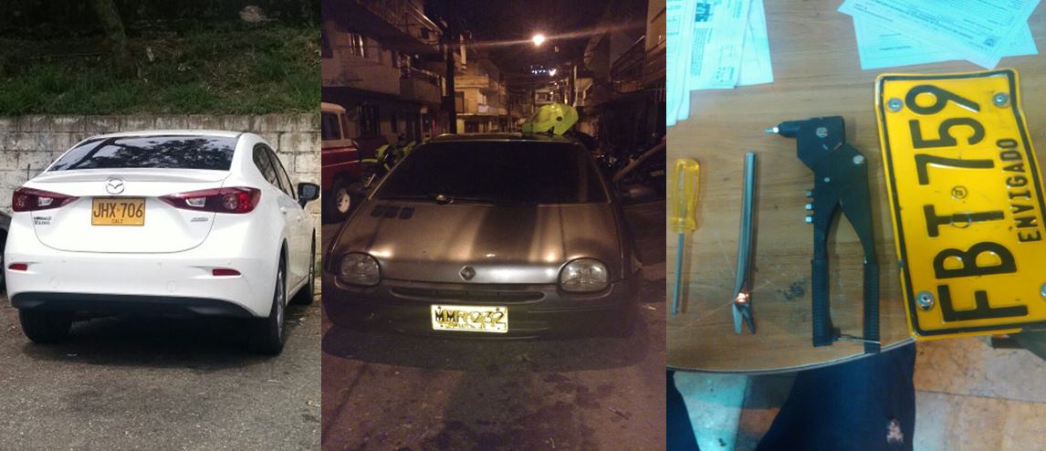 Dos vehículos recuperados, una placa, una remachadora y un destornillador