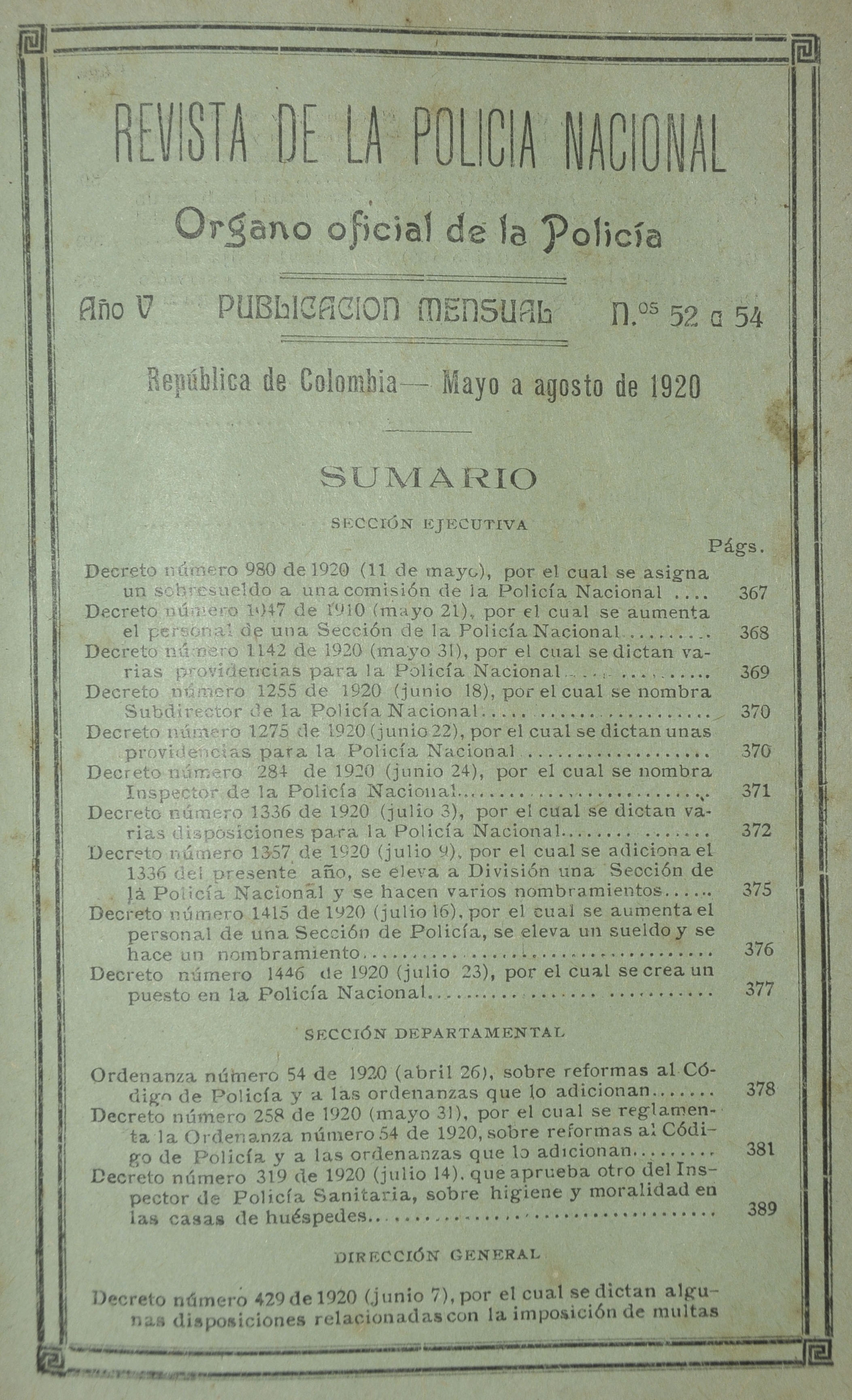 Revista Polic&iacute;a Nacional edici&oacute;n Nro. 52, 53 y 54 Primera &eacute;poca