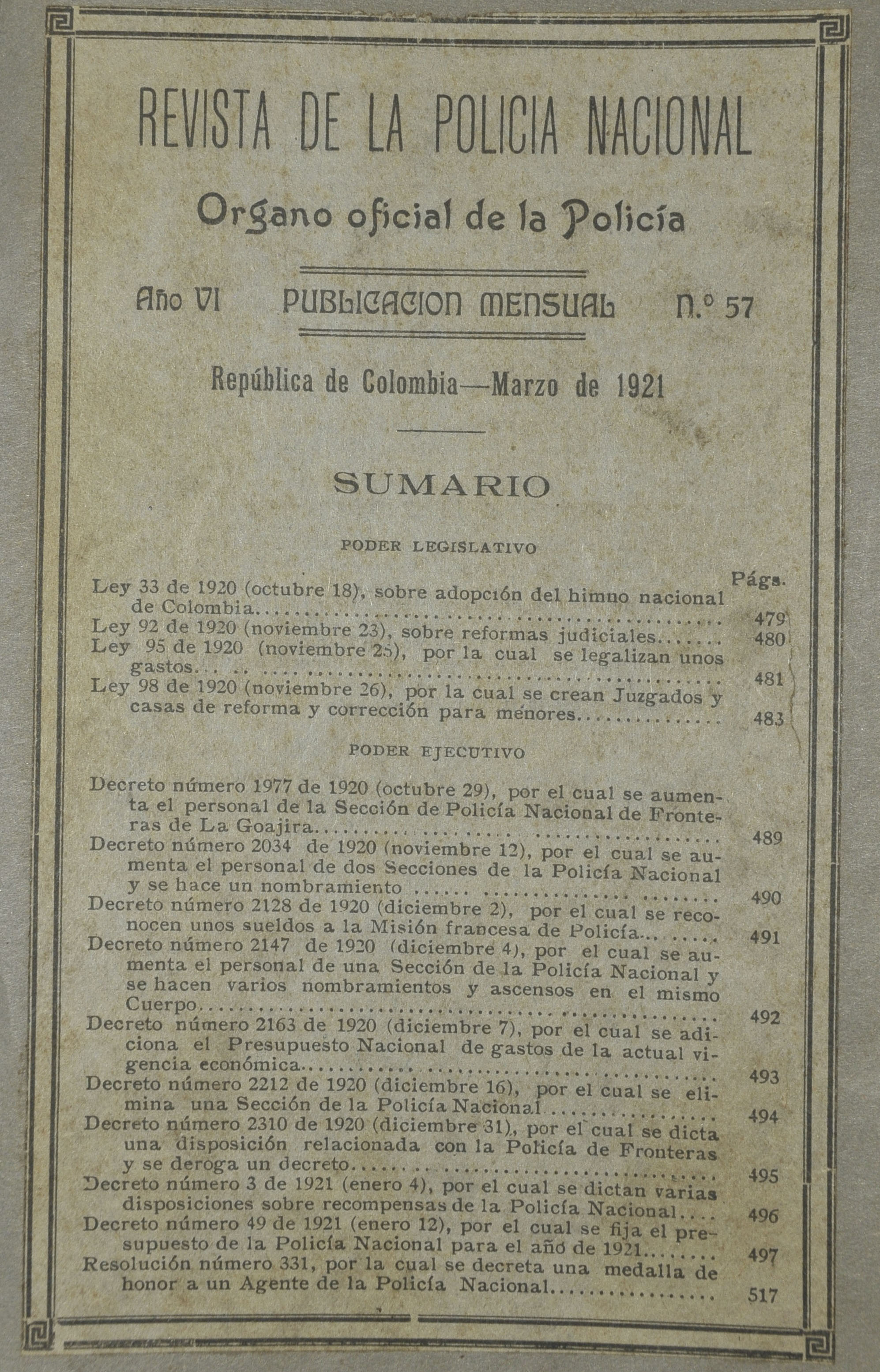 Revista Polic&iacute;a Nacional edici&oacute;n Nro. 57 Primera &eacute;poca