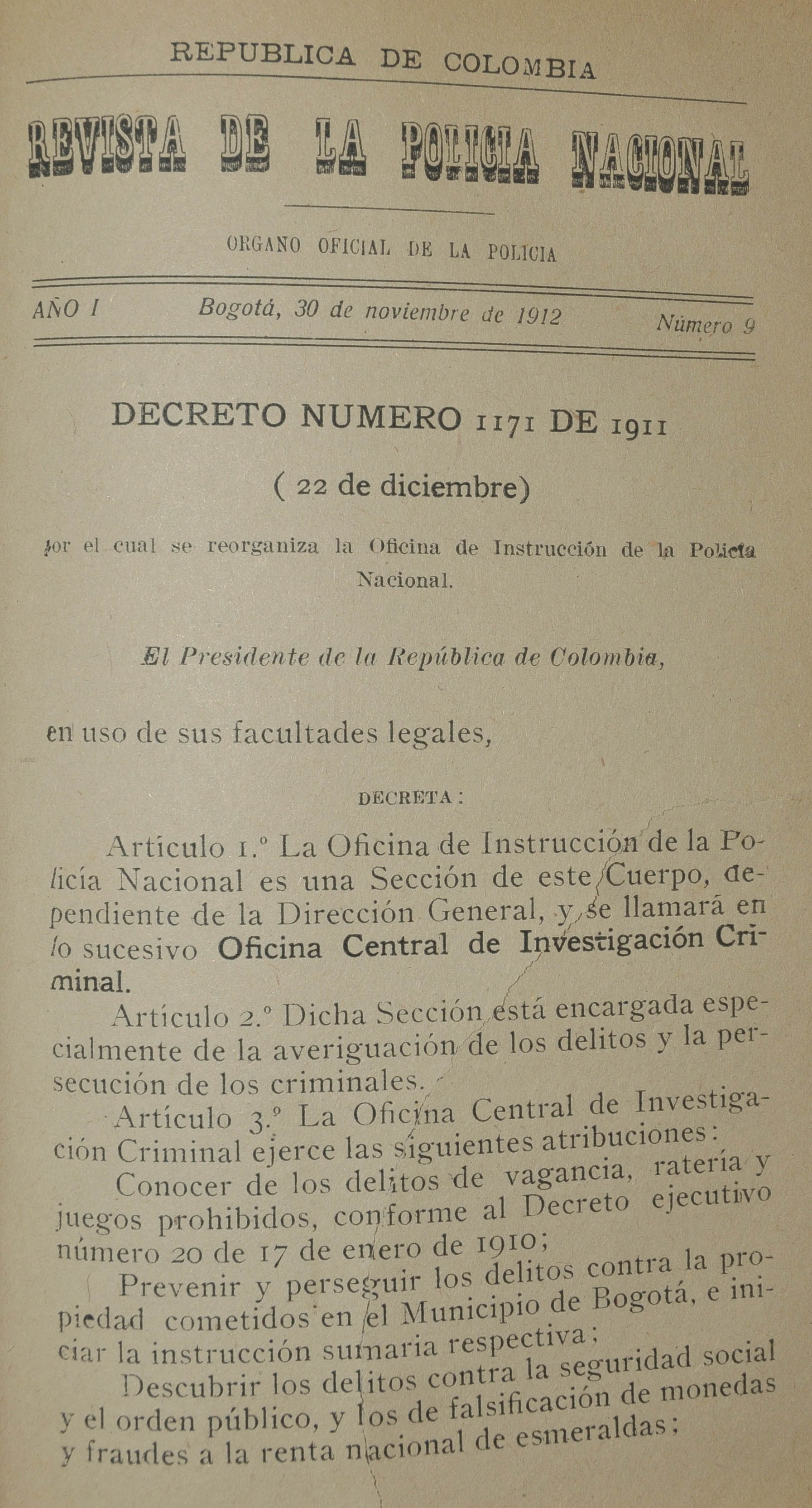 Revista Polic&iacute;a Nacional edici&oacute;n Nro. 9 Primera &eacute;poca